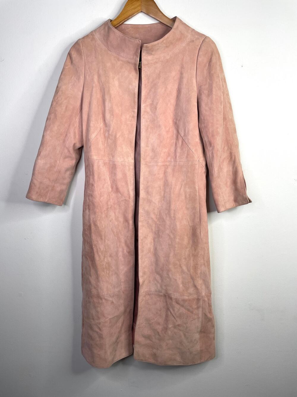 Express Y2K Mauve Pink Suede Leather Long Jacket Coat Cropped Sleeves womens 10